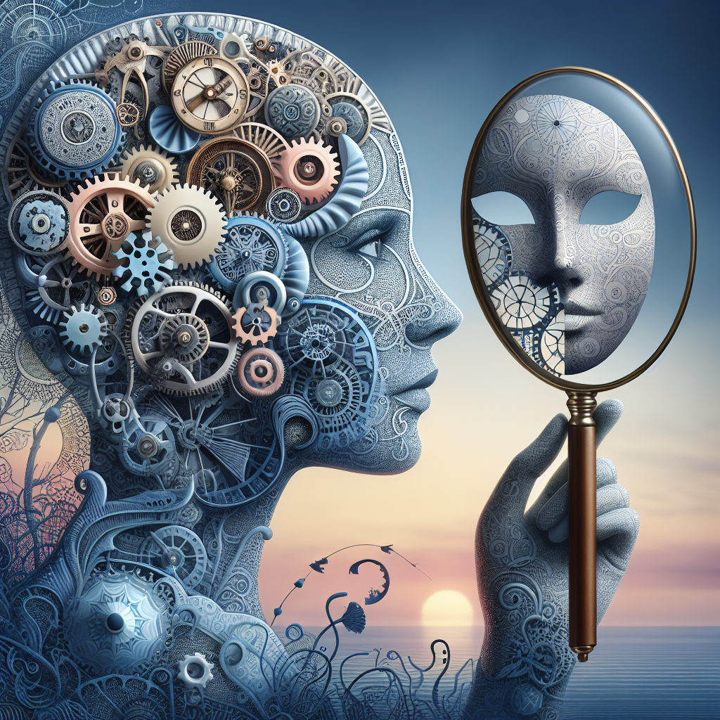 Create a detailed and metaphorical representation of the intersection between psychology and personal identity. Show a Caucasian woman's silhouette composed of intricate gear and clockwork mechanisms, symbolizing the complexity of the human mind. Include a magnifying glass in the foreground, suggesting exploration and revelation. In her hand, she holds a mask with features representing different emotions, indicating the complex, often concealed aspects of personal identities. Set the whole scene in shades of blue, complementing with soft white accents for contrast, set against a backdrop of a serene twilight sky rendered in subtle pastel hues.