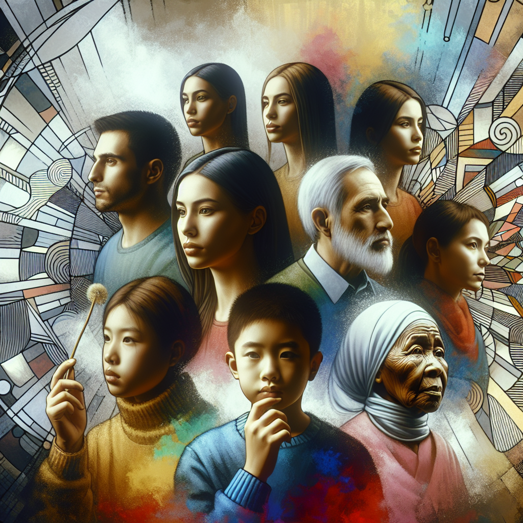 Generate a compelling image that symbolizes the transformative power of reflection, as revealed by psychology. Depict a diverse group of people, including a Hispanic woman, an Asian man, a Middle-Eastern child, and a Black elderly person, all engaged in thoughtful introspection. Let them be surrounded by a motif of mirrors reflecting their inner selves, signifying growth and change. Background should be fading from dark to light, representing transformation. Do not include any trademarked symbols or logos.