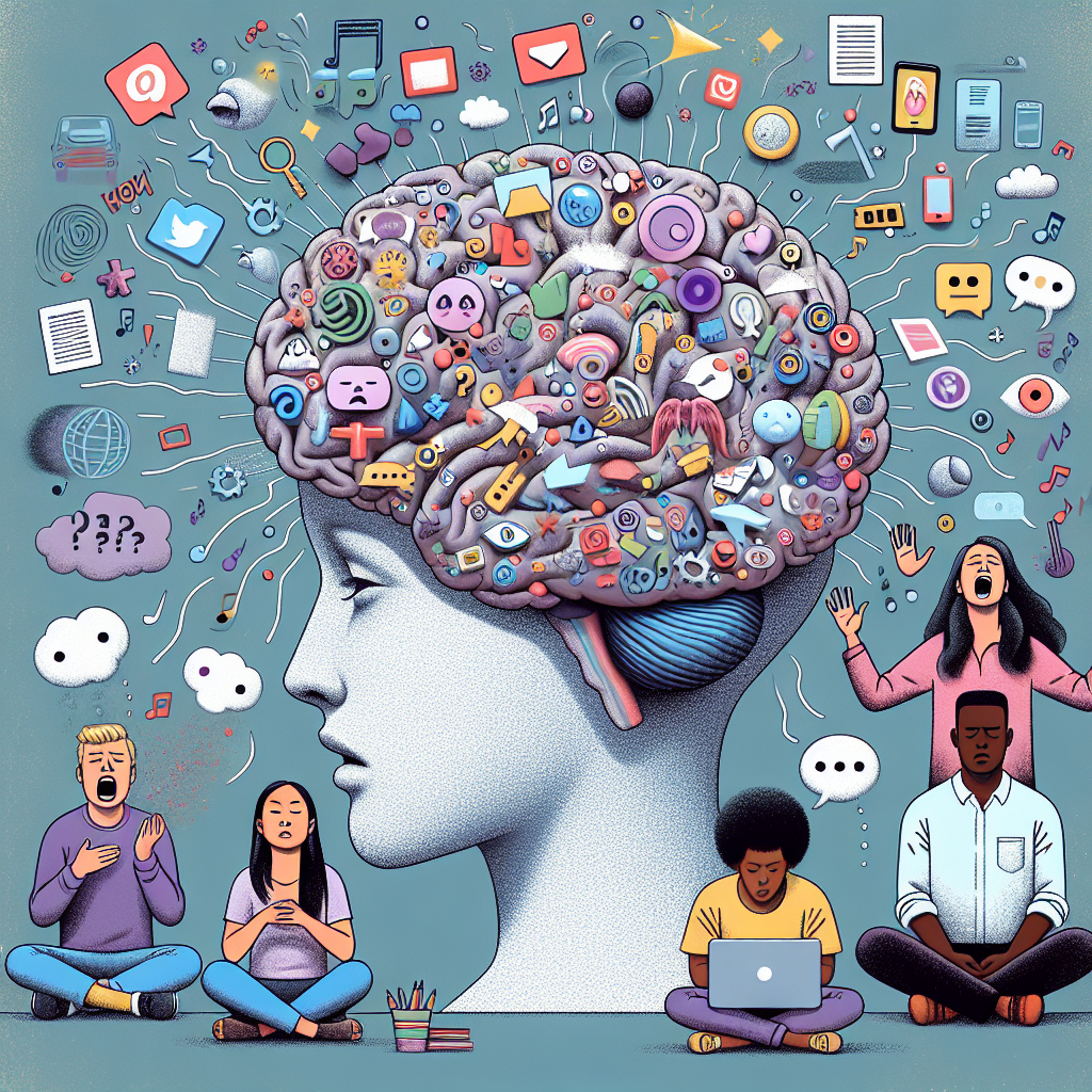 Illustration for an article on psychology, specifically focusing on the impact of over stimulation. The illustration should portray a human brain overladen with various symbols representing different stimuli such as texts, images, social media icons, and musical notes. A group of people of varying descents and genders experiencing a variety of reactions - confusion, stress, distraction, frustration can be depicted on one side. On the other side, a woman of Asian descent and a man of Black descent are practicing mindfulness, seemingly detached from the chaotic scene around them, signifying the hidden effects of overwhelming stimuli.