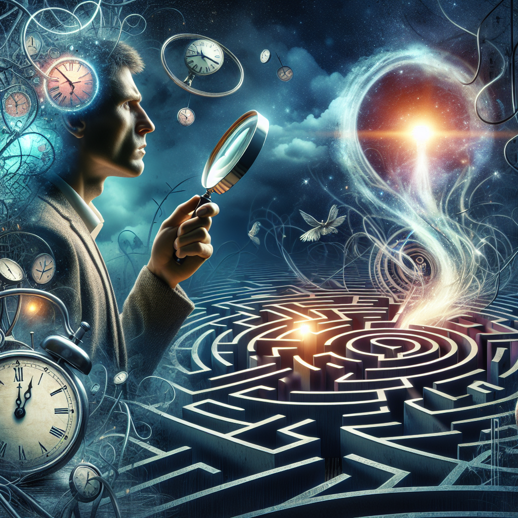 A conceptual image illustrating the theme 'Losing Track: Hidden Motive Reveals Impact On Your Life'. Visual representation should include a person of Caucasian descent with a puzzled expression, holding a magnifying glass, scrutinizing a complex maze. There could be surreal elements such as clocks melting away representing time slipping by, while a bright light at the end of the maze symbolizing a goal or revelation. The background could be a dim-lit, mysterious environment, adding to the enigma.