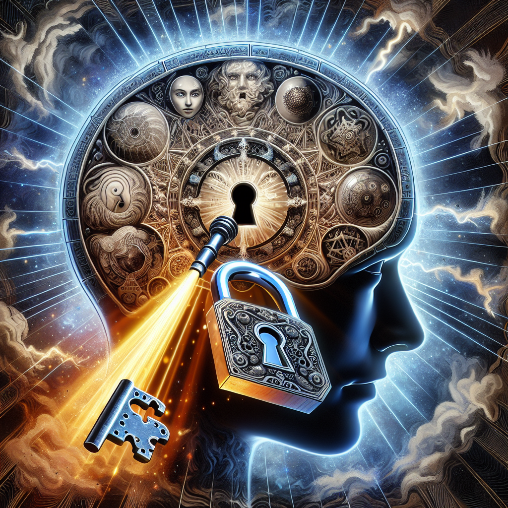 Visualize an image that represents the concept of the revelation of a shocking secret related to psychology, resulting in the redefinition of one's boundaries. The main scene is a stylised human brain with a lock that is being opened by an antique key. The key is adorned with symbols that represent psychological aspects such as the ego, id, and superego. Once the lock opens, rays of light burst out, illuminating darkened areas, symbolizing the enlightenment and redefined boundaries of the mind.