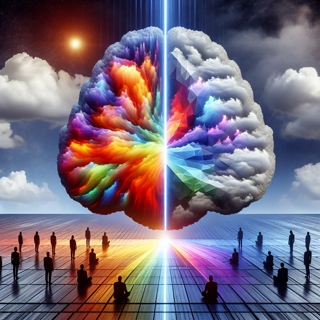 Create a captivating and profound image representing the effects of psychology on human behavior. In the image, there should be an abstract representation of a human mind made of cloud-like formations to symbolize its intangible nature. This cloud should be divided into two halves communicating 'before and after' scenarios. Reflective light beams should emit from a prism, entering at the 'before' side and casting colorful spectrum on the 'after' side, each color representing different emotions and behavioral characteristics, symbolizing the transformational impact of psychology. Add random people of various genders and descents, watching this panoramic view with awe and enlightenment.