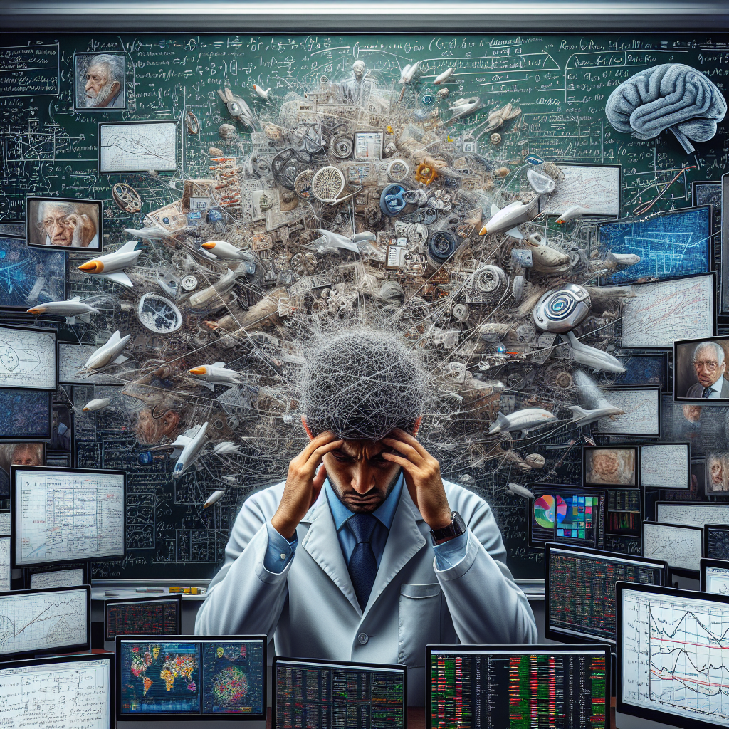 Imagine a detailed image portraying the concept of an overwhelming amount of stimuli confusing the mind. The central character could be a South Asian male figure, perhaps a psychologist or therapist, in a lab coat, standing in front of a large chalkboard. On the board, there are complex equations, diagrams, and mind maps - an array of information and stimuli that allude to the excess. In the background, there could be multiple screens, each displaying different types of information - news, stock graphs, social media feeds - further representing the overflow of stimuli. The man appears confused and overwhelmed, perhaps holding his head, which visually demonstrates the idea of the mind being confused due to excessive stimuli.