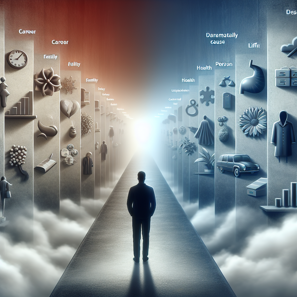 An image showing a metaphorical visual interpretation of the phrase 'Losing Sight: The Hidden Cause that Dramatically Affects Your Life'. Showcase a person standing on one side of a foggy pathway, symbolizing the path of life. The fog represents the hidden factors influencing life. On the other side of the path, display multiple objects representing various aspects of life such as career, family, health, and personal fulfillment. All of them should be partially concealed by the fog. The colors of the image should be muted to denote uncertainty. The person should be depicted as a Caucasian male.