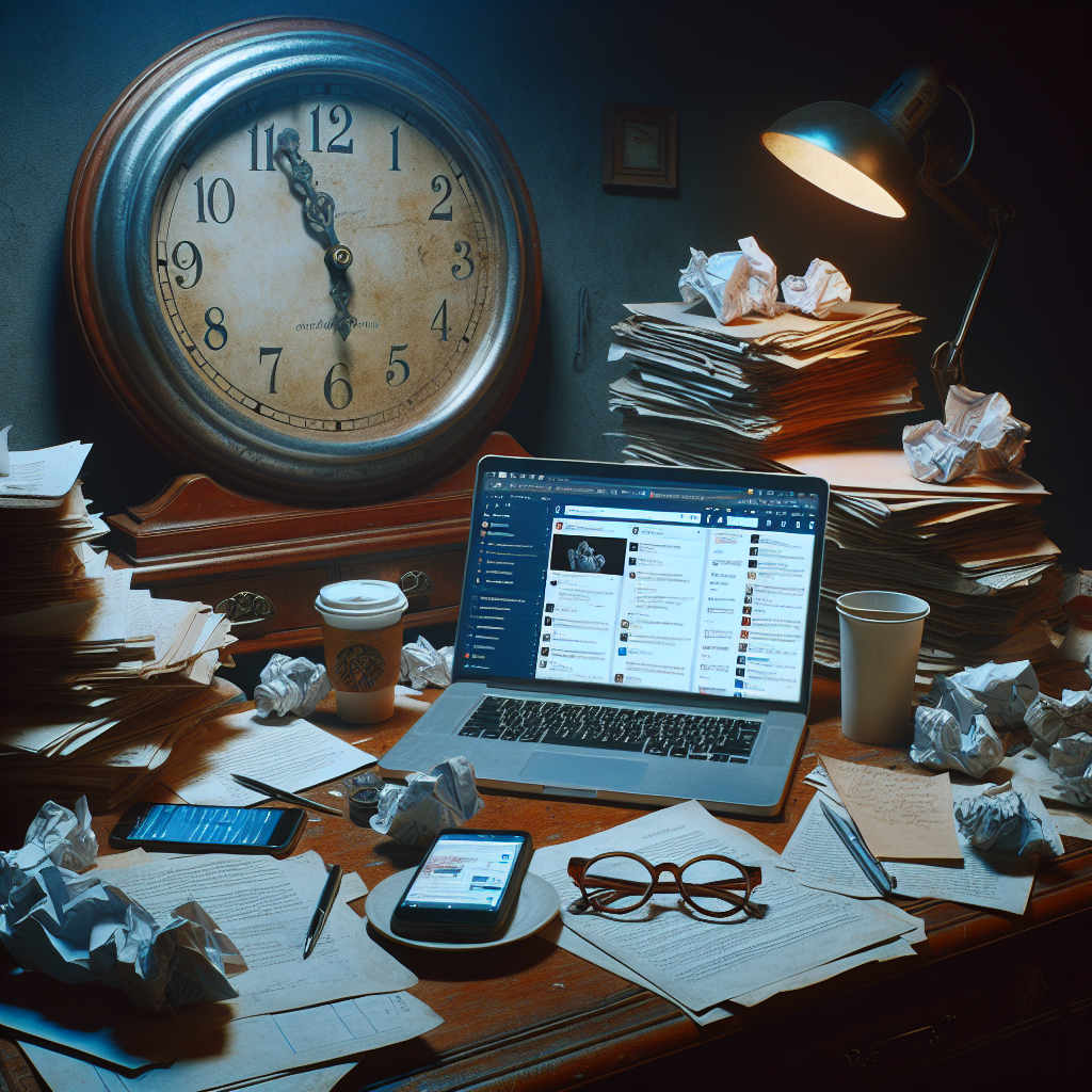 Visualize the following scene: a large, vintage clock on an antique wooden desk showing 11:58 p.m. On the desk, there are piles of untouched paperwork and a laptop with several open tabs of social media sites and streaming videos. There are also scattered coffee cups and crumpled snack wrappers to suggest long hours of inactivity. A pair of glasses lays forgotten on top of one of the papers; giving a hint of the owner's neglect and lack of focus. The room is dimly lit with a slight bluish glow from the laptop screen, creating a general atmosphere of late-night procrastination.