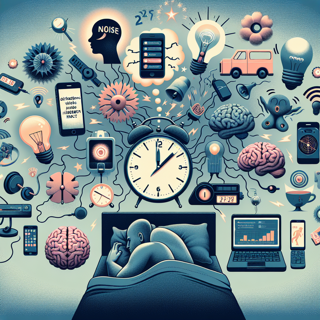 A range of objects and scenarios that may cause distractions during sleep time. At the centre, a clock reading 2 am to signify late-night implications. Surrounding it, different distractions such as a noise-making toy, a mobile phone with notifications popping up, a bright light bulb turned on, a loud alarm clock and a noisy neighbour. Behind them, a silhouette of a person lying in a bed, awake and frustrated, to show the exhausted individual kept up late by these distractions. Towards the one side, a human brain with stress lines indicating psychological impact. Include a title at the top: 'Distractions when Sleeping: Psychology Reveals Hidden Impact'. Everything is in muted night-time colours to signify dark and sleep time.