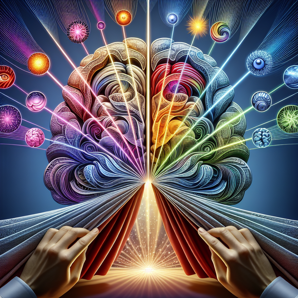 A visual representation of the concept of psychology unveiling the hidden influences that shape human behavior. Feature an intricately designed, layered human brain in the centerpiece, with multicolored beams of light, representing different psychological stimuli, penetrating various sections of it. Each light corresponds to a specific emotion, showing joy, sadness, fear, surprise, anger, and love. Also, include a pair of hands gently peeling back a curtain to reveal the brain, symbolizing the unveiling of truth. Please place all these elements on a serene and professional background, suggesting an academic setting.