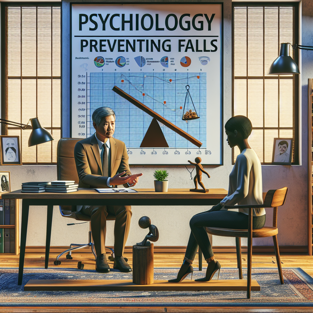 Visualize a conceptual image that captures the theme of psychology preventing falls. The scene can be set in a therapist's office where a middle-aged Asian male psychologist is shown in conversation with a young Black female client. On the wall, you could illustrate charts displaying graphs connected to psychology. On the therapist's desk could be a symbol relating to balance, maybe a small sculpture of a seesaw perfectly balanced. The atmosphere should feel warm and inviting, suggesting a safe space for self-reflection and growth. Include elements such as books, certificates, and maybe indoor plants, reflecting a professional yet comfortable environment.