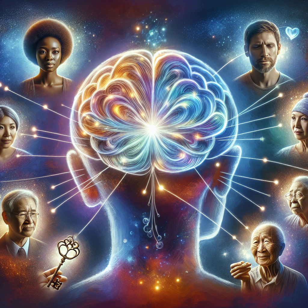A stunning and meaningful image depicting the concept of forgiveness and its impact on the human mind. Visualize a human brain emanating brilliant waves of light, symbolizing positive neural connections. Around the brain, illustrate a diverse range of people: an African woman with empathy in her eyes, a Hispanic man with a compassionate smirk, and an elderly Asian gentleman with a calm demeanor, each holding a key labeled 'forgiveness'. Allow all elements to be connected with soft, illuminated threads, implying the powerful and transformative link between forgiveness and psychological well-being.