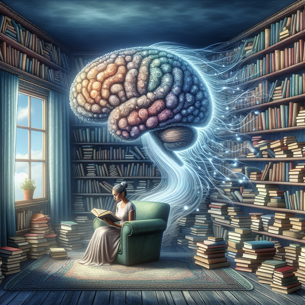 An elaborate depiction of a serene, peaceful room filled with several bookshelves overflowing with a variety of books from numerous genres. A soft, comfortable chair sits next to a bright window with a satisfying vista, eagerly awaiting its reader. In the room, a woman of South Asian descent is seen lost within the pages of a book, her face emits a mixture of astonishment and fascination. To signify the psychology facet, integrate an enormous, semi-transparent brain hovering in the room's background, stimulus impulses dancing across its contours, symbolizing the mental stimulation provided by daily reading.