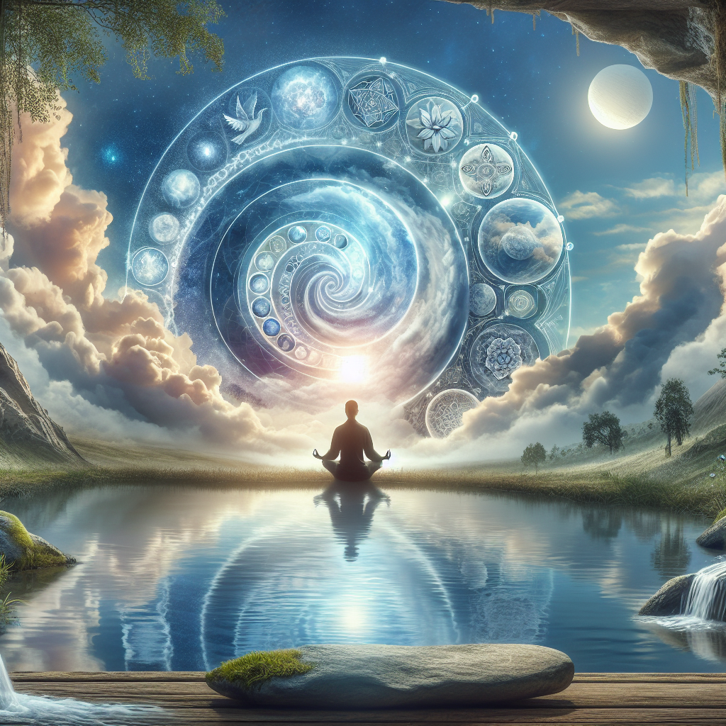 An image illustrating the concept of inner silence, showing a tranquil natural scene with a serene flowing stream, reflecting a beautiful sky with soft clouds. In the foreground, a single individual of East-Asian descent sits in a peaceful meditative pose. A visualization of 'inner transformation' could be represented by a glowing light emanating from within the person, interacting with the natural surroundings. Note that no specific religious symbols should be depicted to maintain a universal representation of inner peace and transformation. All elements are in harmony, providing a calming, peaceful, and rejuvenating aura.