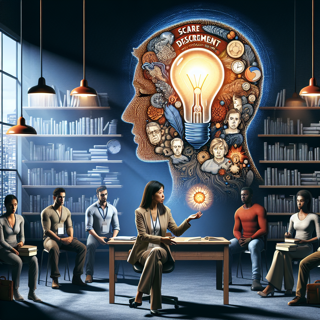 Create an high quality and relevant image depicting the concept of psychology explaining the criticality of scarce discernment. The setting should be a peaceful study room with bookshelves full of books about psychology and human cognition. A South Asian female psychologist, in her 40s, should be sitting at the desk explaining the concept to a diverse group of people of different ages, races, and genders, drawn to include a Middle Eastern man in his 20s, a Hispanic female in her 50s, and a Caucasian man in his 30s. Use visual metaphors like a small light bulb symbolizing the scarce discernment within a big dark room representing the human mind.