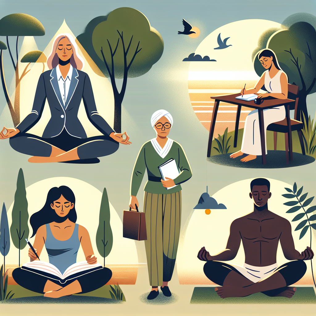 Illustration of a peaceful scene featuring a diverse group of people of various descents practicing mindfulness: a Caucasian woman in a smart suit meditating, a Middle-Eastern man standing serenely beneath a tree, a South Asian woman writing in a journal under the soft glow of a lamp, and a Black man practicing yoga on a quiet beach. This scene symbolizes the balance in emotions and mental tranquility, showcasing the art of balancing emotions through different techniques, hinting at the hidden secret for managing one's emotions.