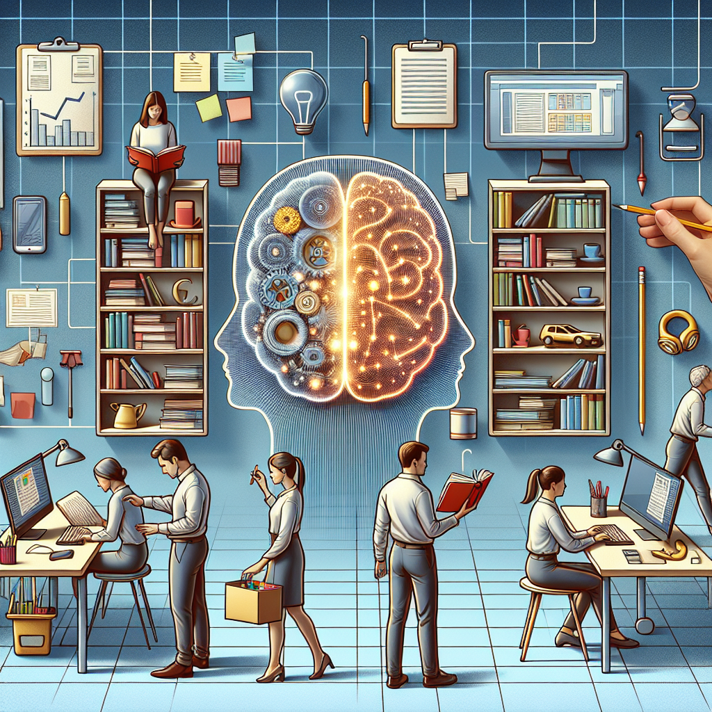 An insightful display of organized minds at work: A diverse group of people working in harmony, amidst a clutter-free, neat environment filled with paperwork, stationery, and computers. Two individuals, one an East Asian woman precisely aligning books on a shelf and another, a Caucasian man organizing digital files on a computer screen. In the background, a Middle-Eastern woman writing an ordered list on a whiteboard. The central region of their brains is visibly illuminated, symbolizing their organized mental states. Minimalist style is incorporated with clear lines, geometric objects, and subtle colours to convey tranquility.