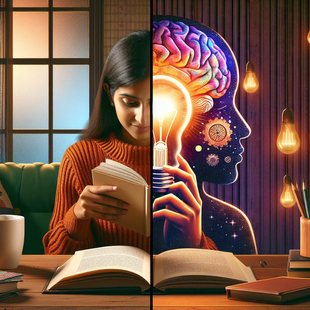 Generate a high-quality image suitable to illustrate an article titled: 'Psychology Unveils Daily Habit: Discover The Hidden Impact!'. The scene should be an image of a split-screen. One side depicts a South Asian woman reading a book in a cozy environment with a cup of tea by her side, representing the daily habit of reading. On the other side of the screen, illustrates a light bulb moment in the same woman's brain, indicating the mental growth and hidden impact of this habit.