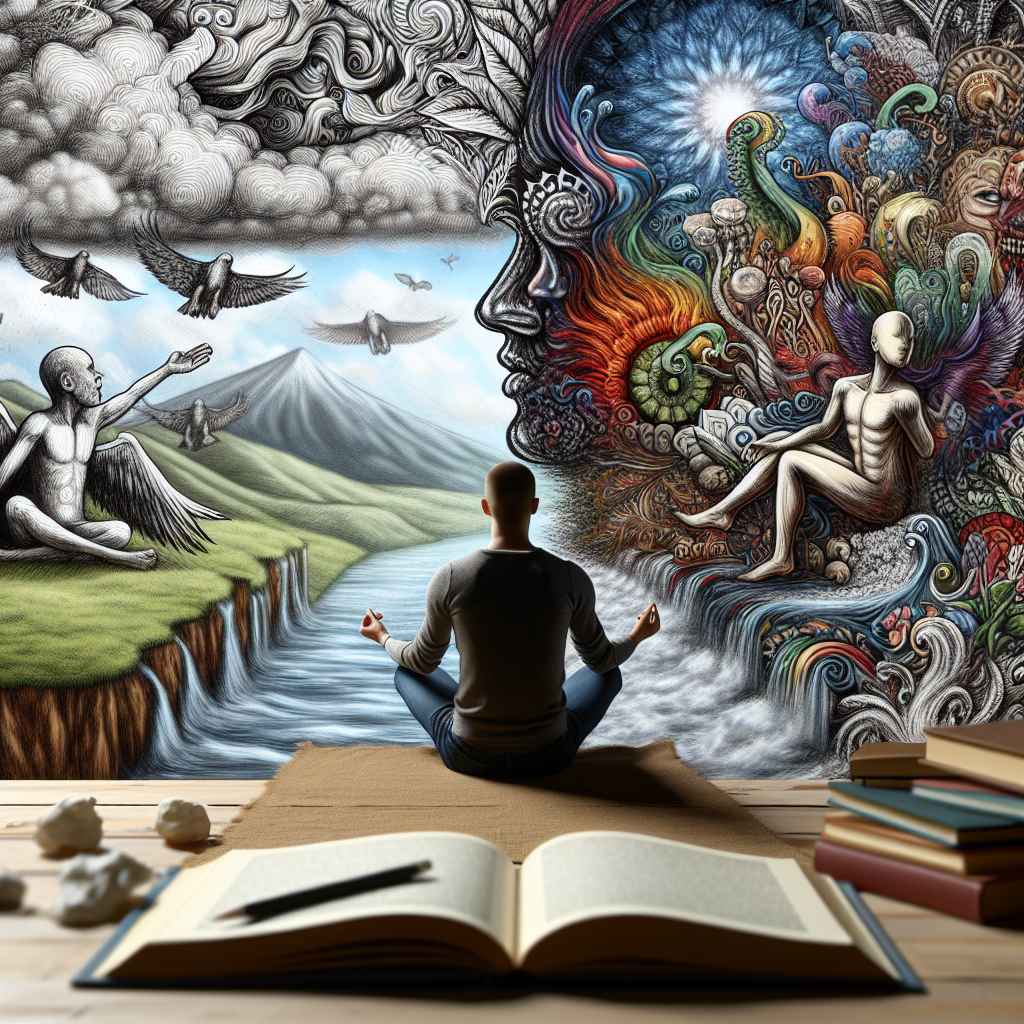 Visualize a detailed image that resonates with the concept of dramatic change due to a newfound habit. It could depict an individual, of any undefined descent and gender, sitting and contemplating in a peaceful environment, surrounded by depictions of chaos and disorder transforming into a serene and orderly landscape. This shift could symbolize the positive impact of the habit on their life. To emphasize the psychology aspect, an open book with the word 'psychology' can rest on a table nearby.