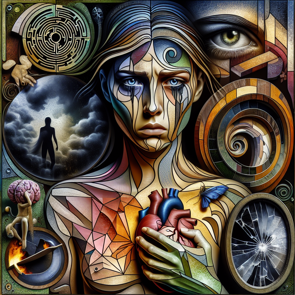 An eclectically rich image that encapsulates the theme of emotional wounds. In the foreground, a woebegone figure of a Caucasian woman with deep-set eyes, clutching her heart as if in anguish. The background is imbued with various symbols reflecting psychological aspects like a labyrinth for complexities, broken mirror for shattered self-image, and dark clouds for stormy emotions. The elements are elegantly weaved to create an impactful visual narrative, where secrets lie just beneath the surface and evoke shock and empathy in equal measures.