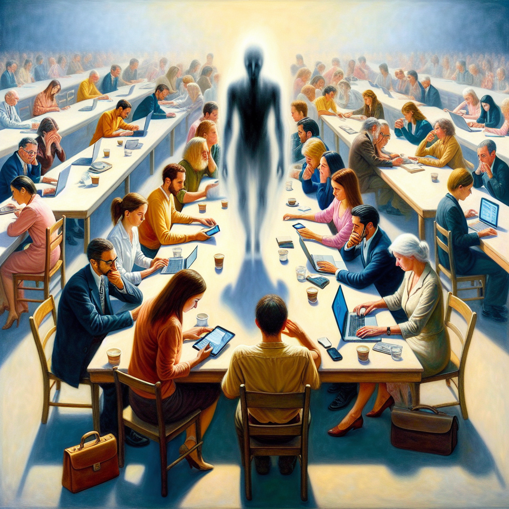 An engaging and representative visualization conceptualizing chronic distraction. The image showcases a diverse group of people around a large table, who represent different genders and descents such as Hispanic, Black, Middle-Eastern, and Caucasian. Each person is deeply absorbed in their own world, stretched between multiple tasks. Some are preoccupied with their digital devices like laptops, mobile phones, while others are staring blankly into space, their minds visibly elsewhere. The phantom of distraction, represented as a blurred, shadowy figure, hovers above the scene, symbolizing the unseen force draining their focus and productivity. The scene is painted in the style characterized by soft light and delicate color gradation, reminiscent of the works before 1912, and primarily using oil medium.