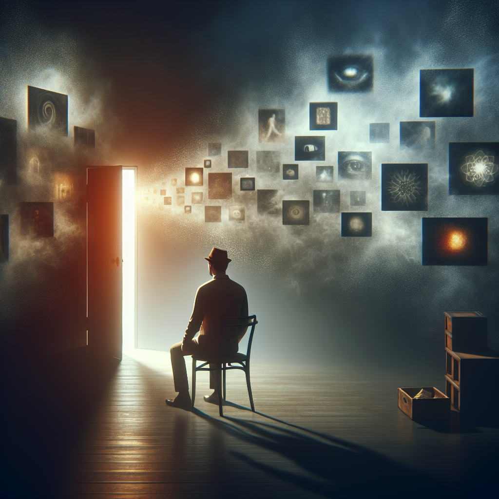 Visualize the following scenario for the concept of 'Hidden Constancy Transforms Your Life' in psychology: Inside a dimly lit room, an individual of Hispanic descent, is seen sitting on a chair, surrounded by obscure, blurry images - a symbol of past memories. Suddenly, a door materializes amidst the haze, radiating a gentle, warm light. The individual, a male figure, stands up and starts to approach the door, leaving the darkness behind. As he walks, the blurry images start to become clear, symbolizing clarity and revelation brought about by psychology.