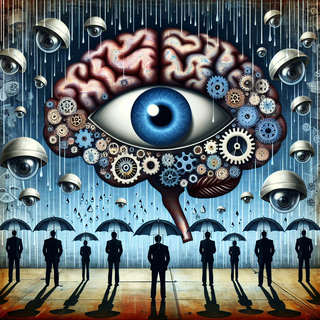 An abstract image representing psychology revealing the hidden power of surveillance. Pictorial representation of a brain is filled with gears and falling rain to symbolize processing and internal analysis. A large eye in the middle of the brain signifies surveillance. Several individuals, from different descents and of varying genders, stand beneath transparent umbrellas, looking up at the watchful eye and brain Unobtrusive shadows of surveillance cameras linger on the edges of the scene, adding to the theme of surveillance. The image design should lean towards a mix of surrealist and representation art styles.
