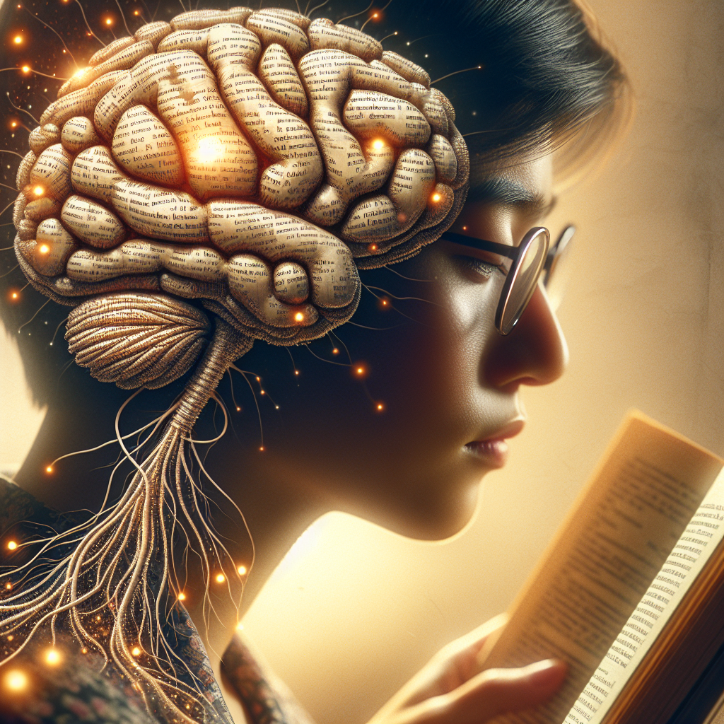 Illustrative image for an article on the impact of daily reading on the brain. Picture shows a close-up view of a human brain made from the pages of books, with neurons intricately woven with words from a variety of genres. To represent diversity, depict a person of South Asian descent in the background with half their face visible, wearing glasses, and deeply engrossed in a book. A soft, golden light illuminating the book suggests the transformative power of reading. A subtle hint of a peaceful environment, like a quiet home library, lingers in the backdrop.