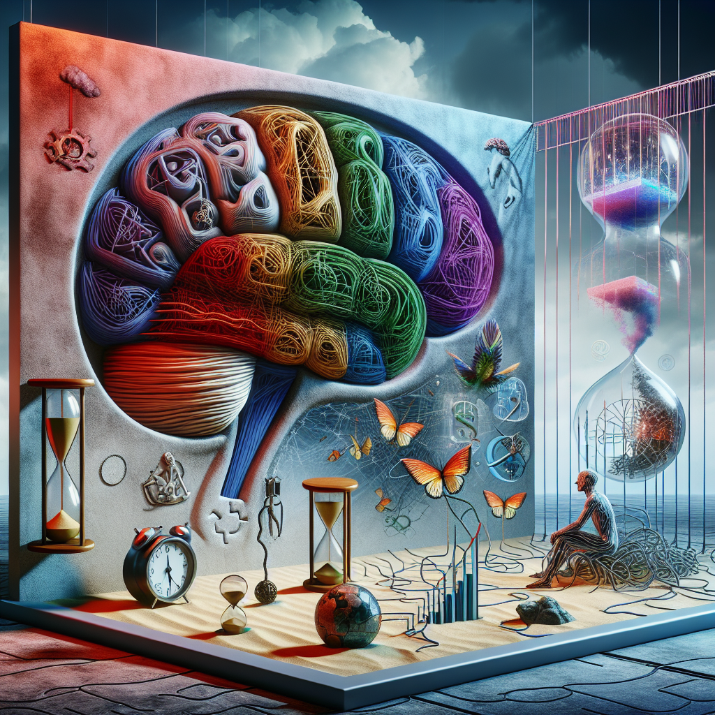 Creating an image depicting the concept of 'Living Without Discernment': showcase a scene inside a human brain with strings in disarray representing various thought processes. Show some parts of the brain in vibrant colors symbolizing heightened emotions and other parts in grayscale representing lack of judgment. Nearby, place a symbolic glass wall with cracks to depict the barriers of misunderstanding. Add an hourglass in the corner to signify the passing time, and a reworked compass that spins erratically to symbolize the lack of direction. To avoid bias, also include an ethereal figure, gender-neutral and race-neutral, observing the scene, symbolizing the role of a psychologist.