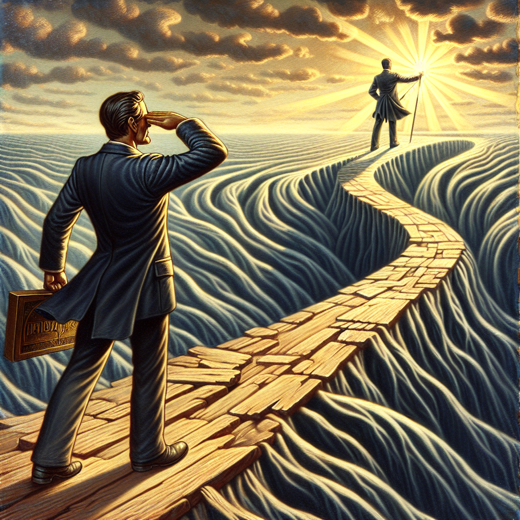 Visualize a metaphorical representation of 'Living Without Principles'. In the foreground, picture a man walking on a wavy, unstable path representing instability, his hand shielding his eyes as if blinded with inability to see ahead. In the background, illustrate the stark contrast with a second man, of a different descent, standing firm on solid ground, looking ahead with confidence, holding a compass (symbolizing principles) that points to a clear path illuminated by sunlight. Create this scene in a 19th-century Romantic painterly style, with the use of oil paint for depth and texture.