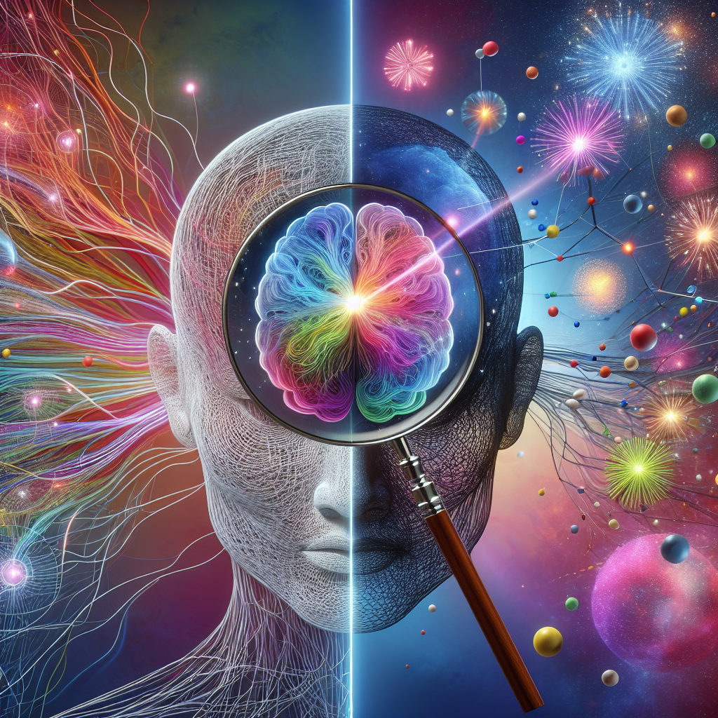An abstract visual representation to illustrate an article about psychology: The revealing secret of distractions and their impact. The image represents a human brain in mid-section, the left half filled with straightforward thinking and ideas symbolized with vibrant threads, directly connecting to each other. The right half displays colorful distractions scattered all around, represented by bright bursting fireworks, throwing off the clear line of thought. In the center, a magnifying glass reveals the meeting point between focus and distraction. Include an ethereal, dreamlike background that symbolizes consciousness, incorporating calming pastel colors.