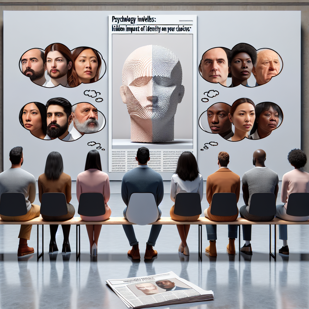 Generate an image displaying different people of various descents such as Hispanic, Asian, Caucasian, Middle-Eastern, and Black interpreting an abstract sculpture. These individuals are of different genders, professions and ages. Each person is reflecting their personal interpretation of the sculpture onto a thought bubble above their head, illustrating different perspectives. The sculpture is ambiguous and could represent different things, showing the personal identity's role in interpretation. The setting is a modern art gallery with soft lighting. Include a newspaper lying on a table, the headline reads: 'Psychology Unveils: Hidden Impact of Identity on Your Choices'.