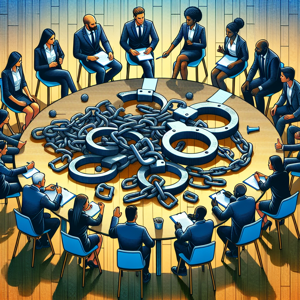 Generate a detailed and meaningful image for an article titled: 'Firm People: Psychology Reveals a Critical Habit to Avoid'. Create a symbolic representation showing people of diverse genders and descents, such as Middle-Eastern woman, Caucasian man, South Asian man, and Black woman actively taking part in a constructive group discussion. Distributed around them, include a variety of discarded bad habits symbolized as chains or weights. Ensure that the environment is professional, encompassing a setting like a conference room or an office. Cultural variations in professional attire should also be highlighted.