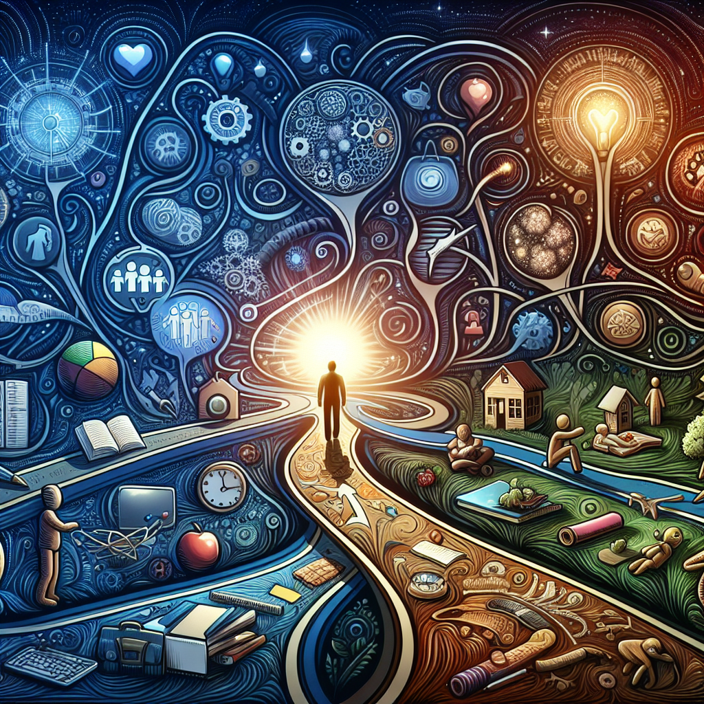 Create an intricate and detailed image representing the concept of psychology and decision making. Depict a winding path representing a person's journey through life, with multiple pathways diverging at different points to illustrate choices. Throughout the journey, include symbolic illustrations of diverse, everyday life events such as education (books), family (small house), profession (laptop or briefcase), time for self-care (yoga mat or paint brushes), and other mundane activities. Have a bright, glowing orb in the distance to symbolize the individual's incredible destiny. Showcase the scene with a visual tone that embodies hope, enlightenment, and potential.