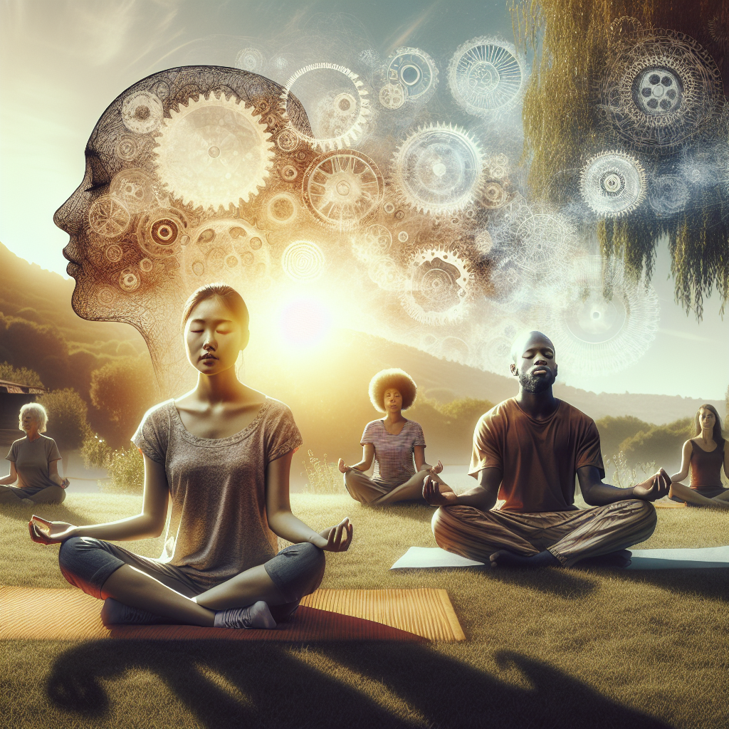 Visualize an image that depicts the concept of daily meditation and its surprising impact as revealed by psychology. To illustrate this, imagine a peaceful scene in a serene garden with a diverse group of people meditating. An Asian woman sits cross-legged on a mat, deep in thought. Next to her, an African man stands, eyes closed, in a yogic posture. A Caucasian woman in her 60s peacefully lays reclined on a bench, breathing deeply. The sun is rising, casting soft, warm light across the scene. Faint images of gears (symbolizing the psychological impact) are overlaying the sky as if visualizing the effects on their minds.