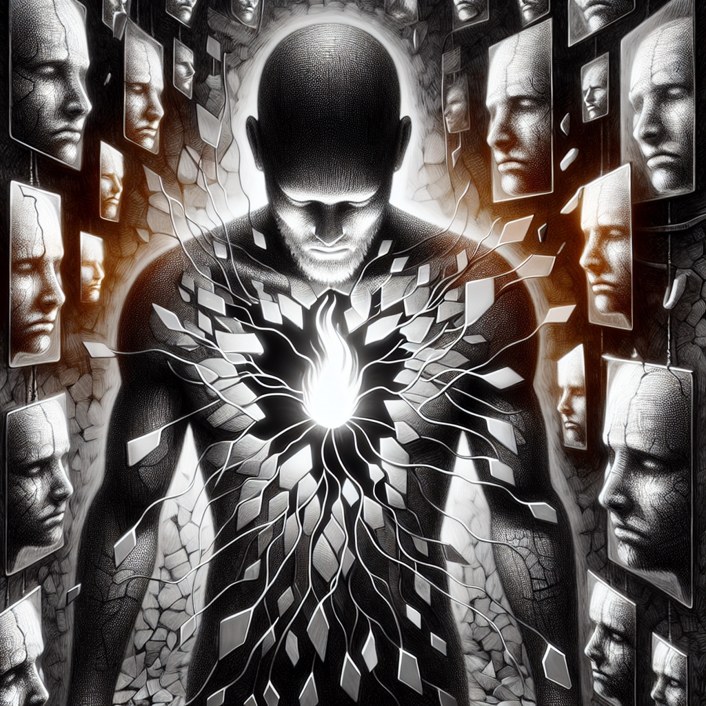 Illustrate an abstract conceptual representation of the emotion 'shame' to highlight its deep, unseen effects. Visualize it as a humanoid figure hunched over, their face obscured in shadow, set against a backdrop of broken mirrors reflecting distorted faces back at the figure. Light emanates from a small, protected flame within the figure's chest cavity. This illumination reveals the chaotic web of bright strings attached to the heart, symbolizing the connections that bind us to others. Black, white, and grayscale should be the dominant colors for a serious undertone.