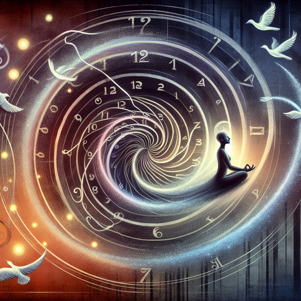 An abstract illustration to symbolize the concept of emancipation from the confines of time, impacting personal happiness. This image features an endless spiral clock unravelling, its hands turning into gentle birds symbolizing freedom. Overlapping the spiral, a figure, indistinct of race and gender, with a peaceful smile balanced in a lotus position. Surrounding the figure are glowing orbs, symbolizing moments of joy, tranquility, and personal fulfillment. Background fading from dark to light, indicating the transition from a chaotic life dominated by time to one of peace, happiness, and freedom.