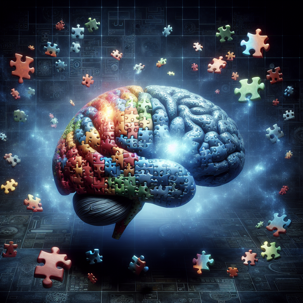 Generate a highly detailed image depicting a brain constructed from interlocking puzzle pieces. The puzzle pieces should be colorful, with some pieces fitting into place while others hover nearby, ready to join the structure. An ethereal blue light emanates from within the brain, illuminating the surrounding space, symbolizing the constant growth and evolution of human cognition and psychology. Around the edges of the image, shadows of books and scientific instruments hint at the scholarly pursuit behind these psychological revelations.