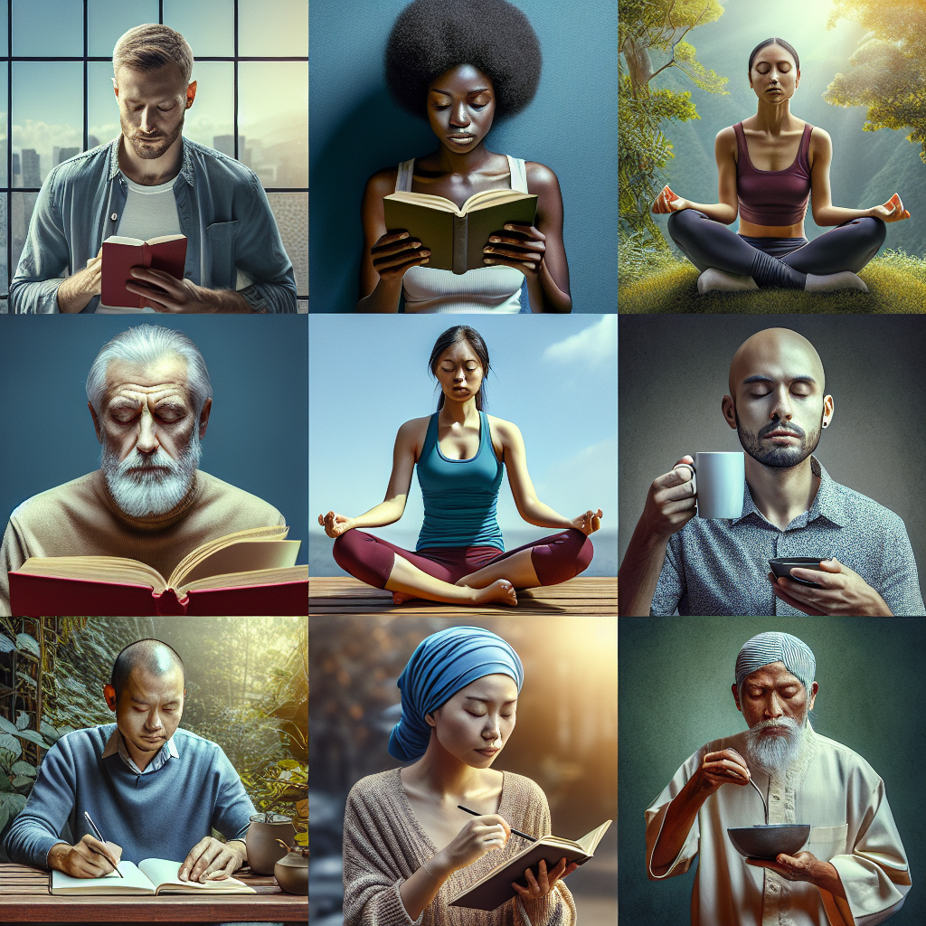 Generate an insightful image of multiple people displaying habits typical of strong emotional resilience. Include a diverse set of individuals from various descents: a Caucasian man deeply immersed in a book, a Black woman practising yoga in a tranquil environment, a Middle-Eastern man meditating peacefully, a Hispanic woman jotting down thoughts in her journal, and a South Asian man calmingly drinking a cup of tea. These should all subtly hint at their emotional strength through visual cues such as their demeanor, surroundings and activities.