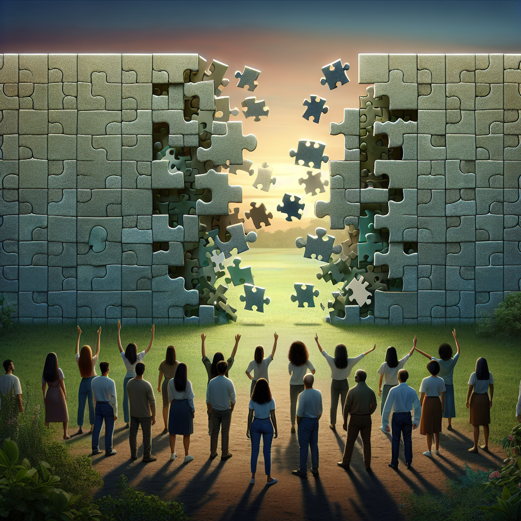 Create a visually striking image illustrating the concept of boundaries being rejected or overcome. The main element should be a large, metaphoric wall, made up of numerous puzzle pieces coming apart in the center, symbolizing the breaking down of mental barriers. The surrounding scene could be a serene outdoor landscape with greenery and a sky fading from daytime on one side to twilight on the other, indicating a passage of time. In the foreground, depict a diverse group of people of different genders and descents (Caucasian, Middle-Eastern, Hispanic, Black, South Asian, etc.), watching the wall crumble with expressions of relief and empowerment.