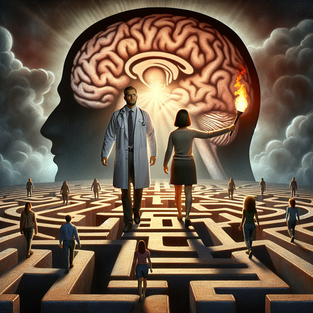 An image that symbolizes the theme 'Escaping Reality: Psychology Reveals Critical Consequence'. In the foreground, a Caucasian man and a Hispanic woman, both wearing professional psychologist coats, stand on either side of a complex labyrinth. Each carries a torch illuminating the dark. The labyrinth represents the human mind, with paths leading towards sunny clearings signifying mental health, and towards darker corners representing challenges. The background holds a large, looming shadow of a brain diffused with darker and lighter shades to portray different states of mind. The psychologists are guiding a mixed group of people of different descents towards the sunlight.
