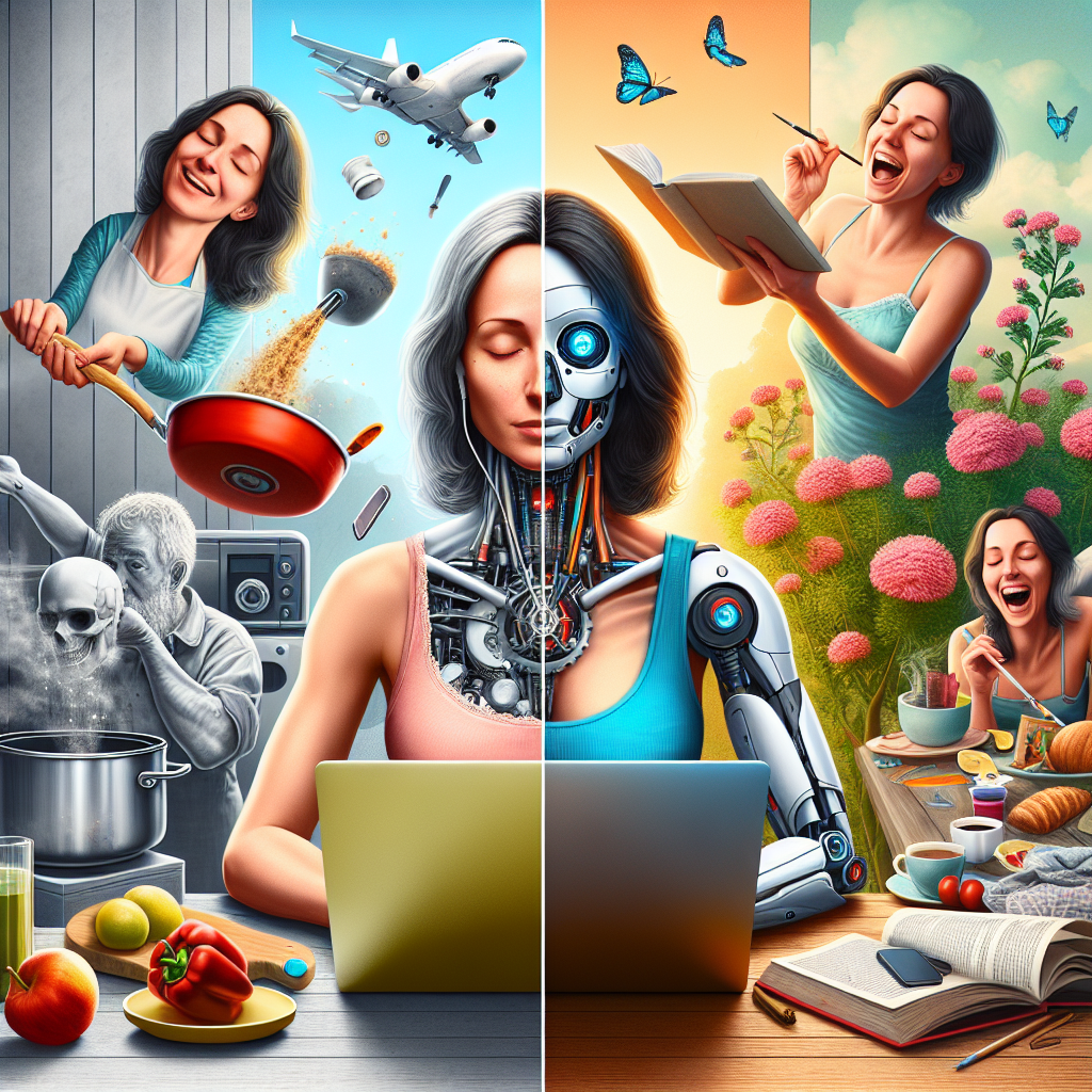 An image representing the concept of 'Living on Auto Mode'. It showcases a contrasting scene split down the middle. On one side, a Caucasian woman operating on autopilot, engaged in mundane tasks with robotic precision - cooking, working on her laptop, using her smartphone, all monotonously, in a colorless and rigid environment. On the other side, after the 'shocking revelation', the same woman, but now embodying vibrant liveliness. She is interacting with nature, reading a physical book, painting on a canvas, laughing, all bursting with color and energy. The change in her is visibly palpable, symbolizing a drastic shift from monotony to a vibrant life.
