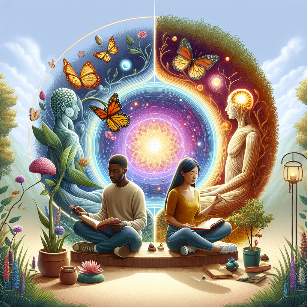 Create a high-quality, detailed representation of a scene symbolizing transformation through mental consciousness. The scene can have a tranquil setting like a garden. In the center, depict an Asian female and a Black male, both dressed in casual attire, participating in mindful activities such as meditation or reading. Around them, include symbols of personal growth, such as blooming flowers or emerging butterflies. It would be insightful to see a bright, colorful aura of positivity enveloping them, showcasing their mental development and the transformative power of conscious habits.