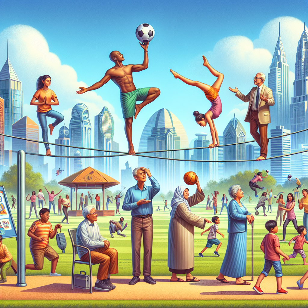 Depict a busy city park with a diverse range of people performing various balancing activities. Imagine a South Asian man doing a handstand, a Black woman practising yoga, a Middle-Eastern child expertly balancing a soccer ball on his forehead, and a white elderly couple trying to balance on a slackline. Show people watching them with interest and amazement. In the background, incorporate a beautiful skyline with varied architectural styles, suggesting a vibrant metropolis. In the foreground, include a signpost that reads 'Secret to Transformation: Balance!'