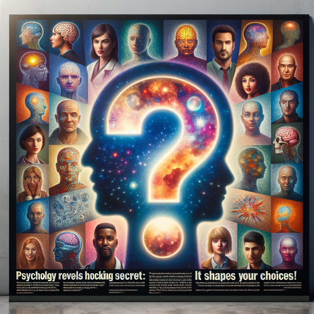 Visualize an image with a large, luminescent question mark in the center, over a collage of people from different descents including Caucasian, Hispanic, Black, Middle-Eastern, and South Asian, both men and women. They are portrayed in diverse lifestyles and professions, such as a doctor, an artist, a construction worker, a student, to signify making choices. In the background, there is a nebulous representation of a brain signifying psyche, dotted with colorful, abstract shapes reminiscent of thoughts and emotions. The headline 'Psychology reveals shocking secret: It shapes your choices!' is displayed in bold, attention-grabbing letters at the top.