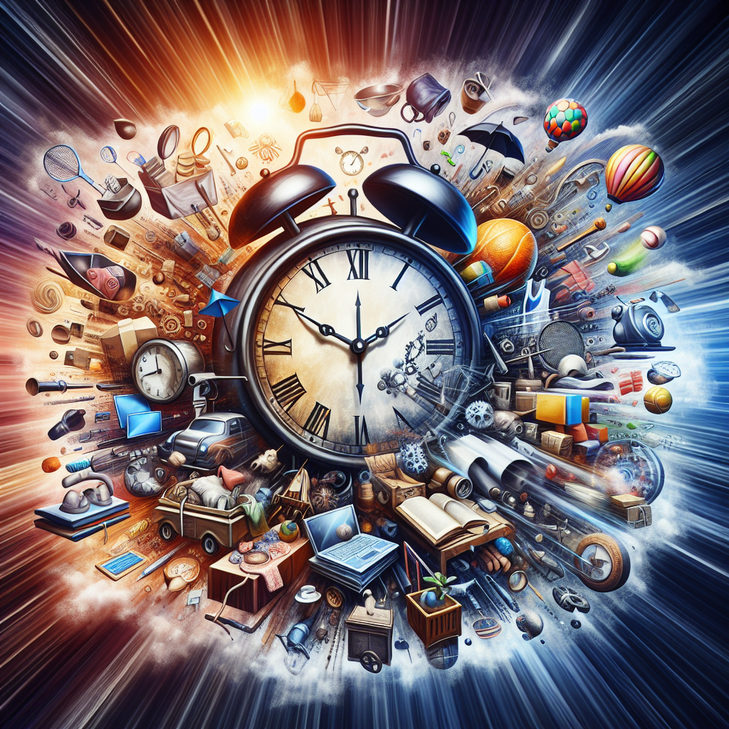 Image of an abstract representation showcasing the concept of time in daily life. A large, antique-inspired clock at the center of the image, with its hands moving rapidly, signifying the speed at which time flies. Multitudes of tasks - represented by different objects like books, laptops, dishes, clothes and sports equipment - crowd around the clock, depicting everyday chores and activities. The background should be a fusion of bright and dark colors, symbolizing day and night. The overall vibe should be slightly dramatic, illuminating the transient nature of time and its importance in life.
