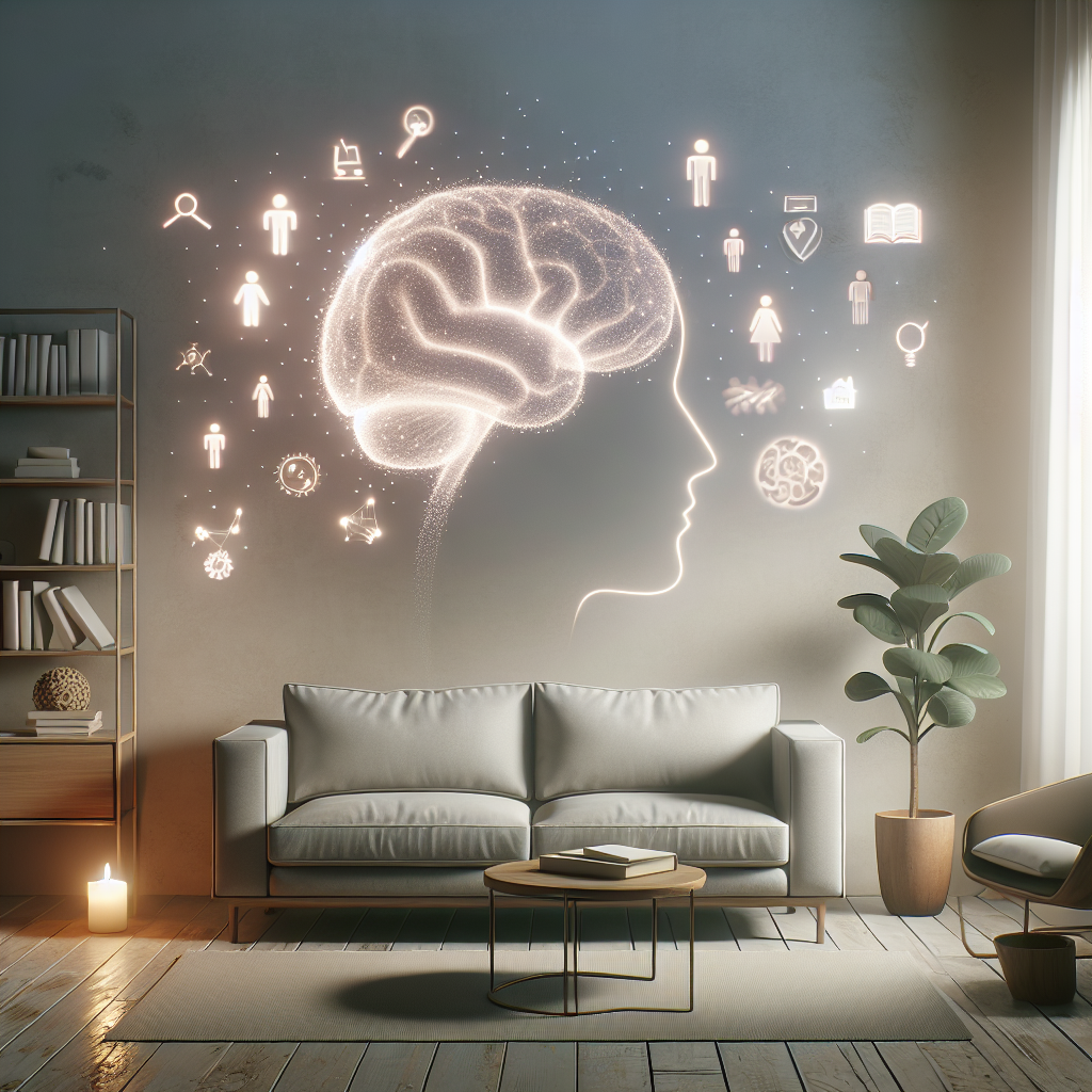 Visualize a minimalist living room with essential furniture items only: a serene space with a simplistic couch, a bookshelf with a few carefully chosen books, a wooden coffee table and a single indoor plant by the window, letting in soft daylight. In the background, there's an abstract representation of a brain, composed of gentle curves and smooth lines, symbolizing psychological concepts. Floating around are subtle, glowy symbols or icons, depicting common commitments and responsibilities like work, family and financial duties, symbolically fading or disappearing, to highlight the theme of 'Living without commitment.'