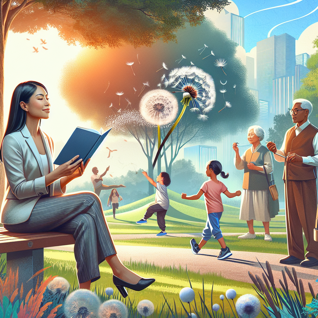 A serene scene in a tranquil park during the day. Prominent in the foreground is a Middle-Eastern woman, in professional attire, sitting on a bench with a book titled 'Daily Slow Down' in hands. Near her, a Hispanic young child is gently blowing dandelion seeds into the air. A few Asian elderly people are doing tai chi in the background. Nearby, an African-American man is jogging at a leisurely pace, and a Caucasian man is painting the park scene on a canvas. This image seamlessly blends the concepts of daily activities, peace, and the effects of slowing down on mental health.