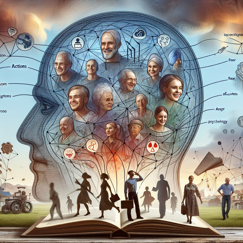 Illustrate an image of a group of people of various ages and in different occupations such as a doctor, a teacher, and a farmer. They are visible through a transparent silhouette of a human head, representing their subconscious mind. Within this mind-silhouette, there are interconnected strings linking symbols for different emotions like happiness, fear, anger along with influences from their personal and professional life, depicting the psychological factors that drive their actions. The backdrop consists of a surreal landscape with a giant book open in the sky with the terms 'actions', 'emotions', and 'psychology' emerging from it.