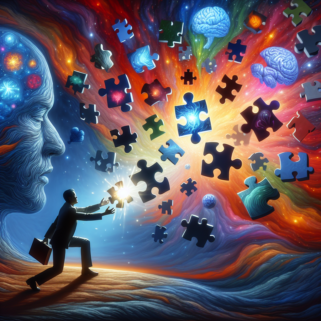 Depict a metaphorical representation of the process of psychological transformation. Show a figure trying to gather scattered puzzle pieces of their mind. The figure could be a middle-aged Hispanic woman in the act of placing the last puzzle piece, which is glowing brightly, signifying a groundbreaking revelation. The pieces themselves are stylized to represent different life concepts such as happiness, conflict, love, ambition, and confusion. The surrounding space is swirling with colors of change, representing vibrant thoughts and emotions. The image as a whole should convey a sense of awe and the power of psychology.