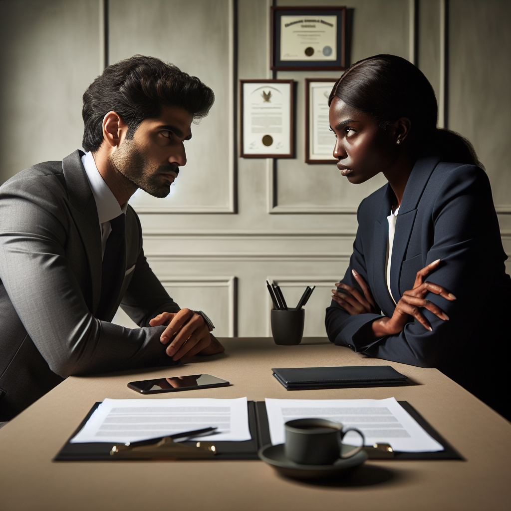 A psychologically intense scene in a neutral-tone negotiation room. A South Asian male, dressed in a crisp grey suit, is leaning over a table with an intense, thoughtful look on his face. Opposite him, a black female, wearing an authoritative navy blue pantsuit, her hands folded in front, gazes at him with an assertive look. Between them on the table sit papers, pens, and two cups of black coffee. The walls are adorned with diplomas and certificates. A visible tension fills the room, visually representing the challenging scenario of negotiating principles.