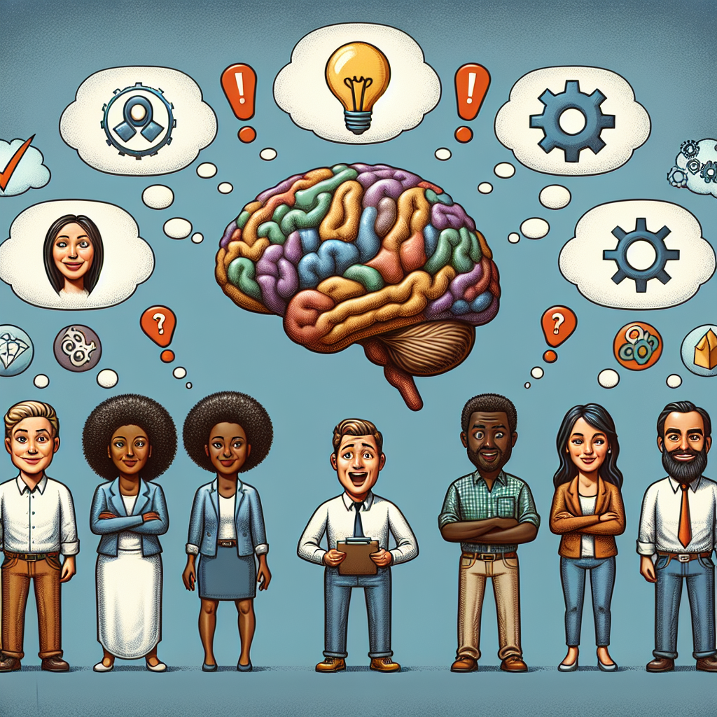 Create a detailed image portraying the concept of external validation within the realm of psychology. The image should consist of a diverse group of people of various descents and genders: a Caucasian woman, a Hispanic man, a Black woman, and a Middle-Eastern man should be visible, standing around a symbolic representation of the brain. The differing emotions on each individual's face should suggest a wide spectrum of reactions -- contentment, validation, surprise, and skepticism. Show thought bubbles above each person displaying common symbology of psychology - a question mark, an exclamation point, a gear wheel, and a light bulb.